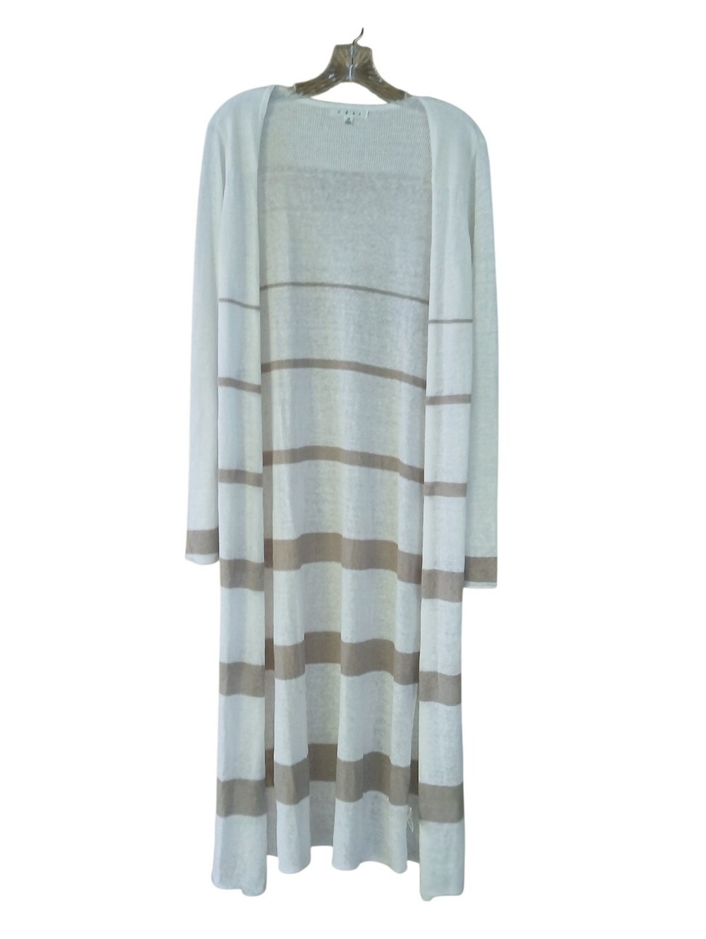 Cabi White & Tan Striped Linen Blend Open Front Duster Cardigan Medium